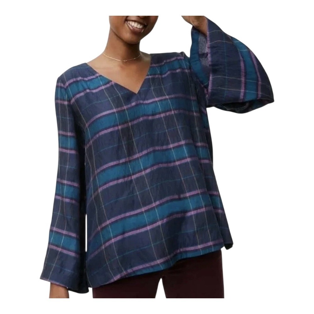 LOFT Plaid Blouse Women‎ Medium Blue Teal Purple Bell Sleeve V-Neck Strappy Back